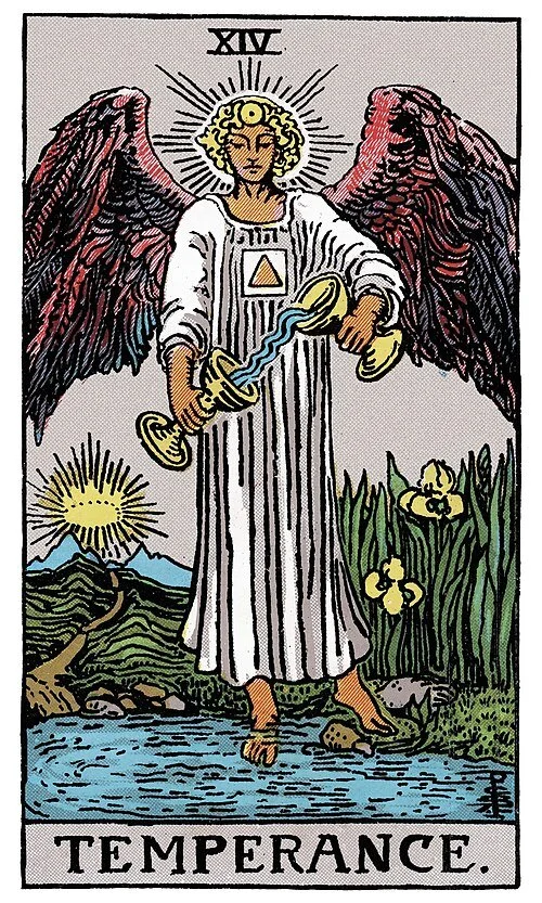Illustration of the Temperance tarot card, depicting an angel with large wings, holding a sword and a chalice, standing between water and land, with a rising sun in the background and flowers nearby.