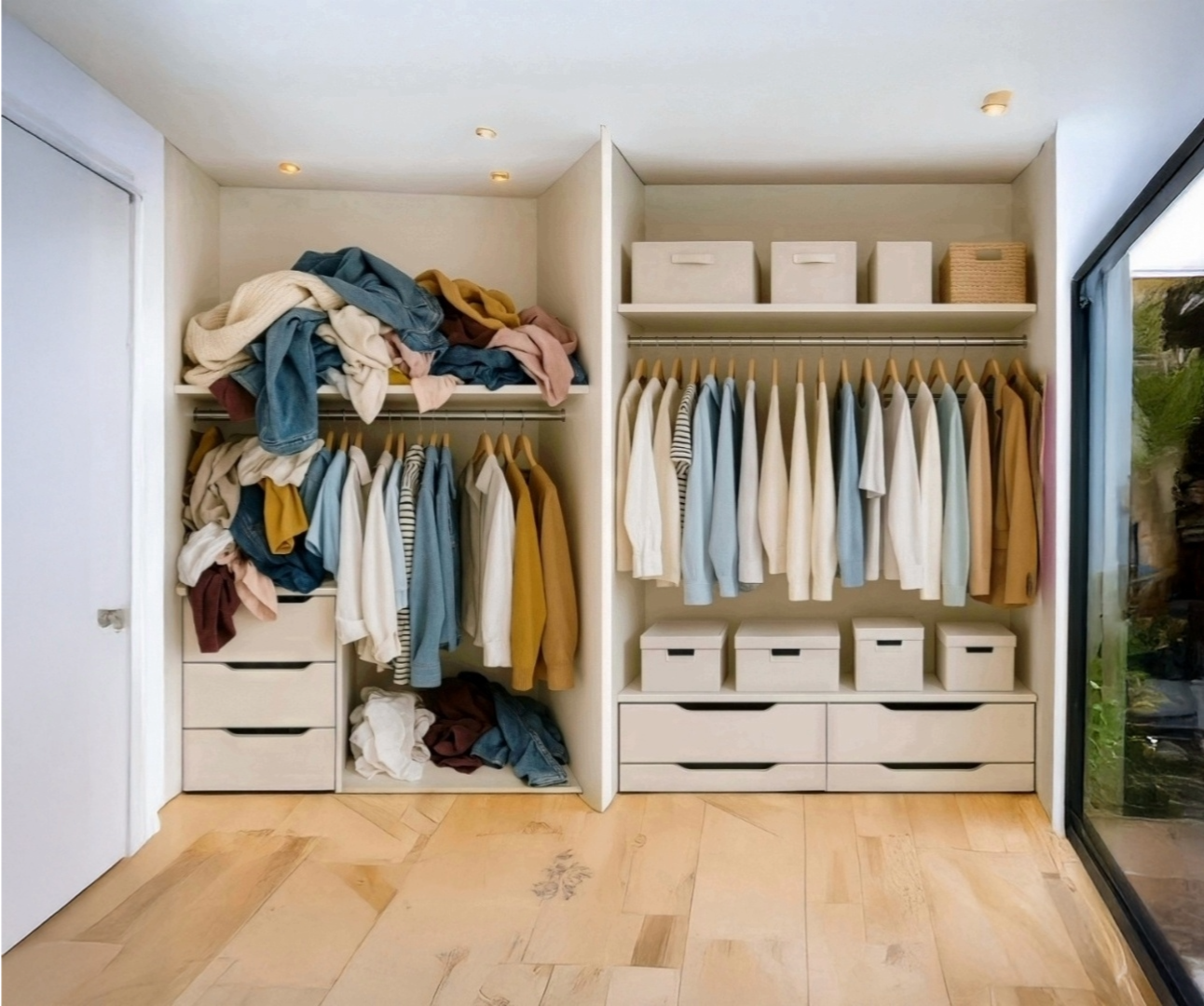 Open closet with jackets and clothing, some hanging, some folded or piled, with storage boxes on shelves and drawers, next to a sliding glass door.