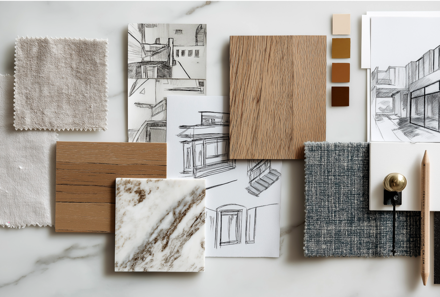 Design inspiration materials including fabric swatches, wood samples, sketches of building interiors and exteriors, paint color swatches, a marble sample, a small sculpture, and a pencil, all arranged on a white marble surface.