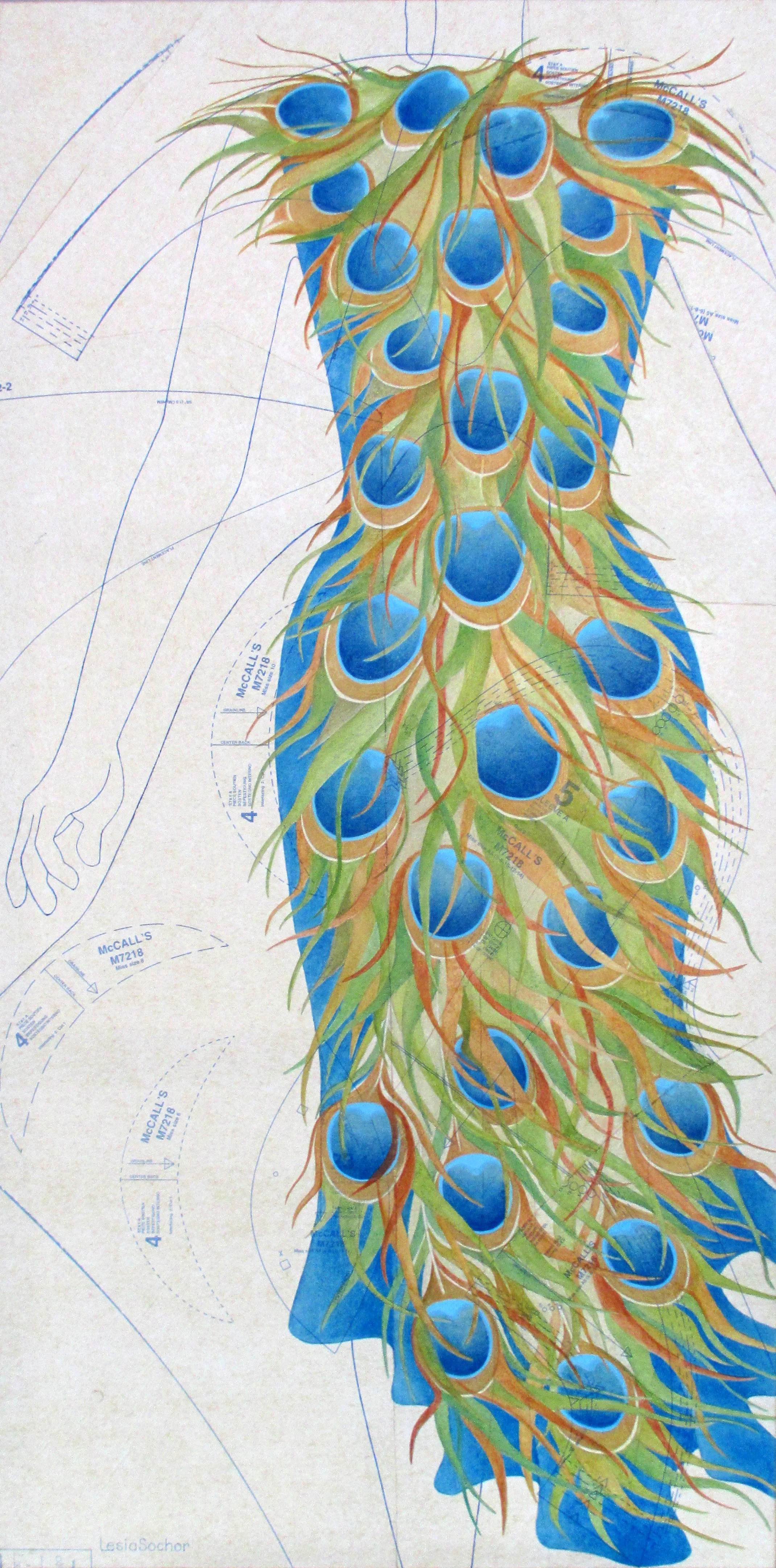 Sochor Lesia 'Preening' oil on collaged sewing pattern paper  24x48.jpg