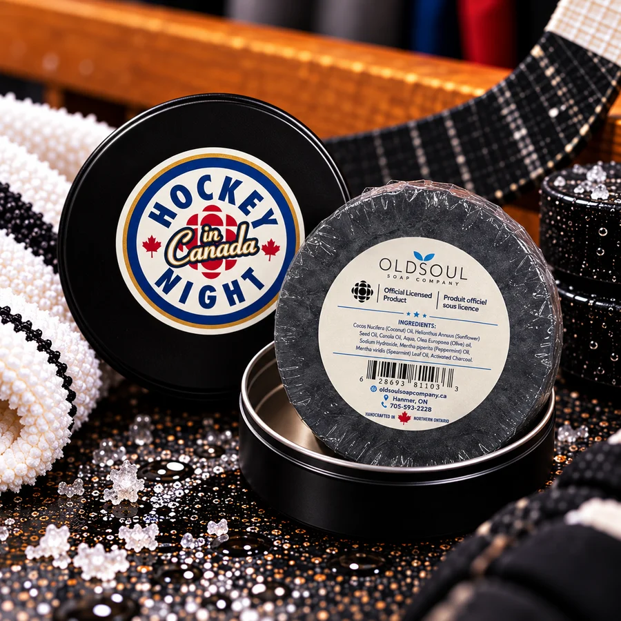    $12.99  Old Soul Soap Company   Officially licensed Hockey Night in Canada Retro puck soap with activated charcoal and essential oils, packaged in a reusable black tin. Made in Canada 🍁.  Savon en forme de palet « Hockey Night in Canada » (style 
