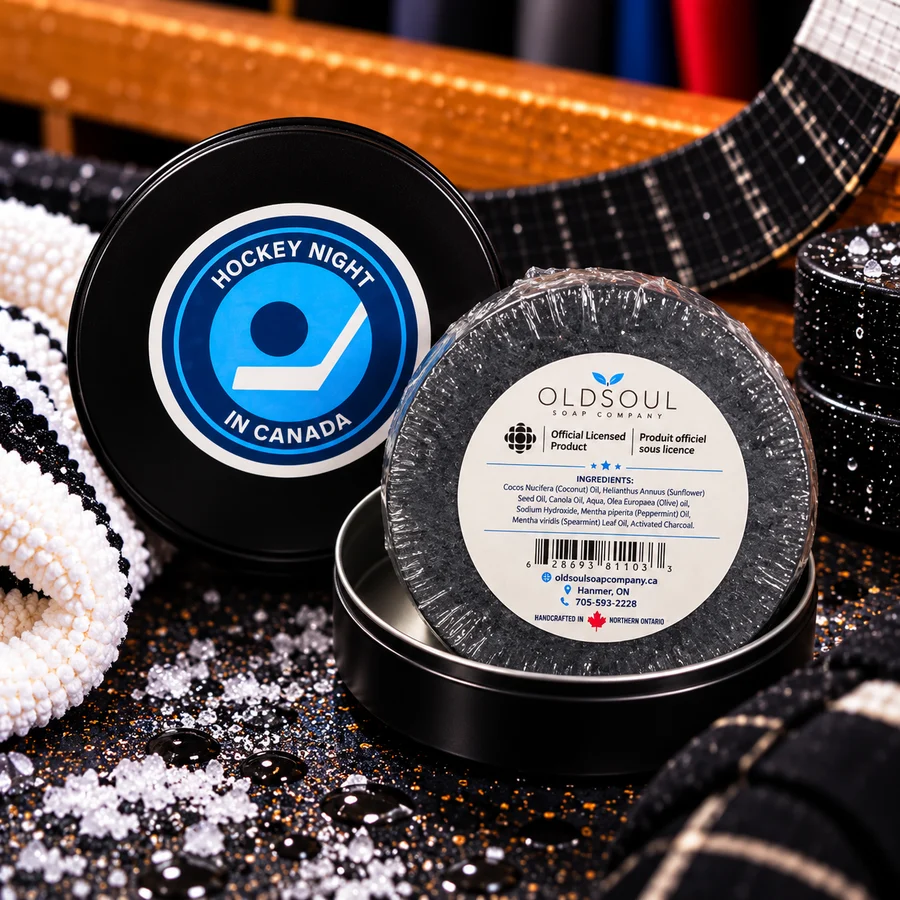    $12.99  Old Soul Soap Company   Officially licensed Hockey Night in Canada Retro puck soap with activated charcoal and essential oils, packaged in a reusable black tin. Made in Canada 🍁.  Savon en forme de palet « Hockey Night in Canada » (style 