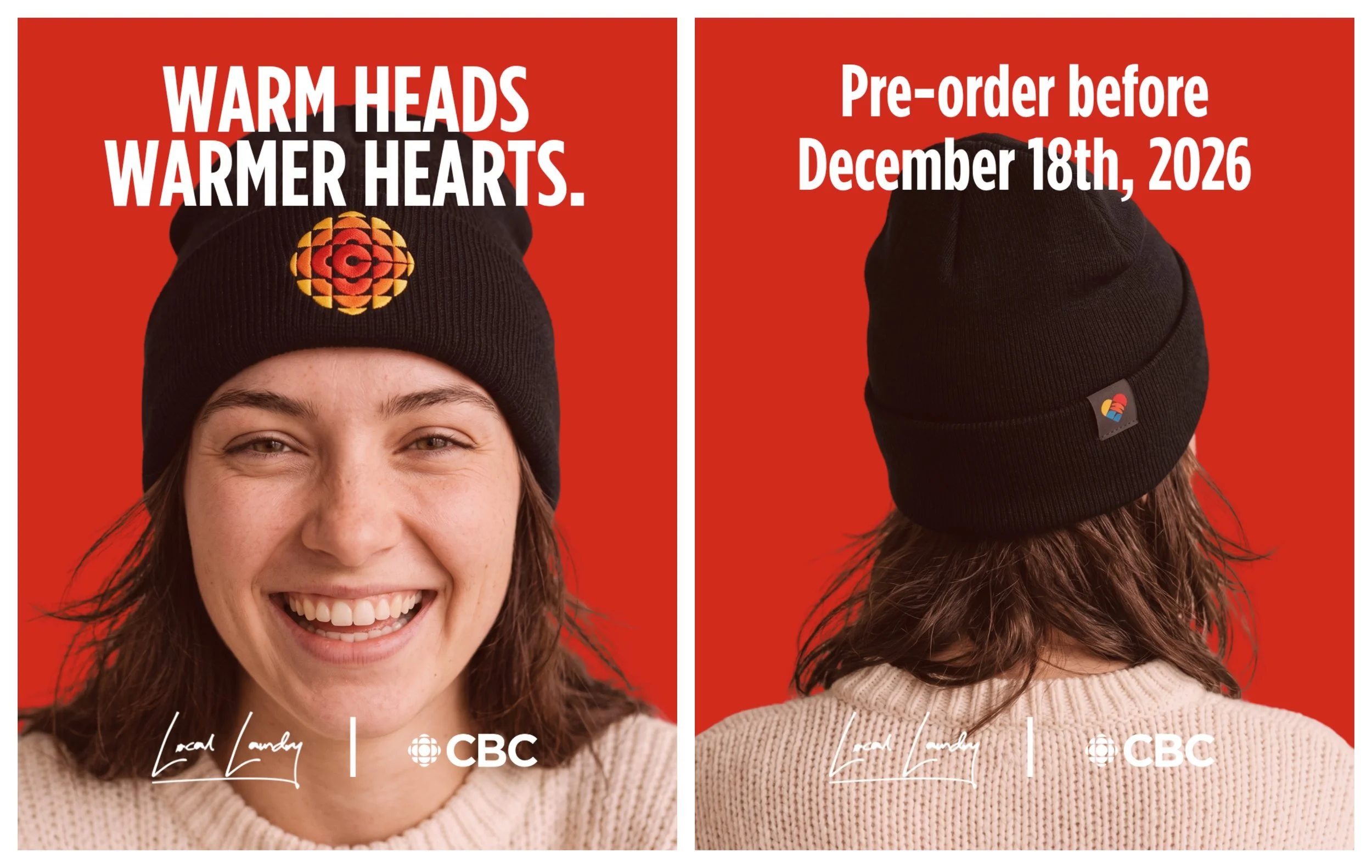    $45.00  Local Laundry   CBC - Make the Season Kind Toque  Made in Canada 🍁 Fabriqué au Canada  A portion of the profits from this toque will be donated to Canadian Food Banks.  Une partie des bénéfices réalisés sur ce bonnet sera reversée aux Ban