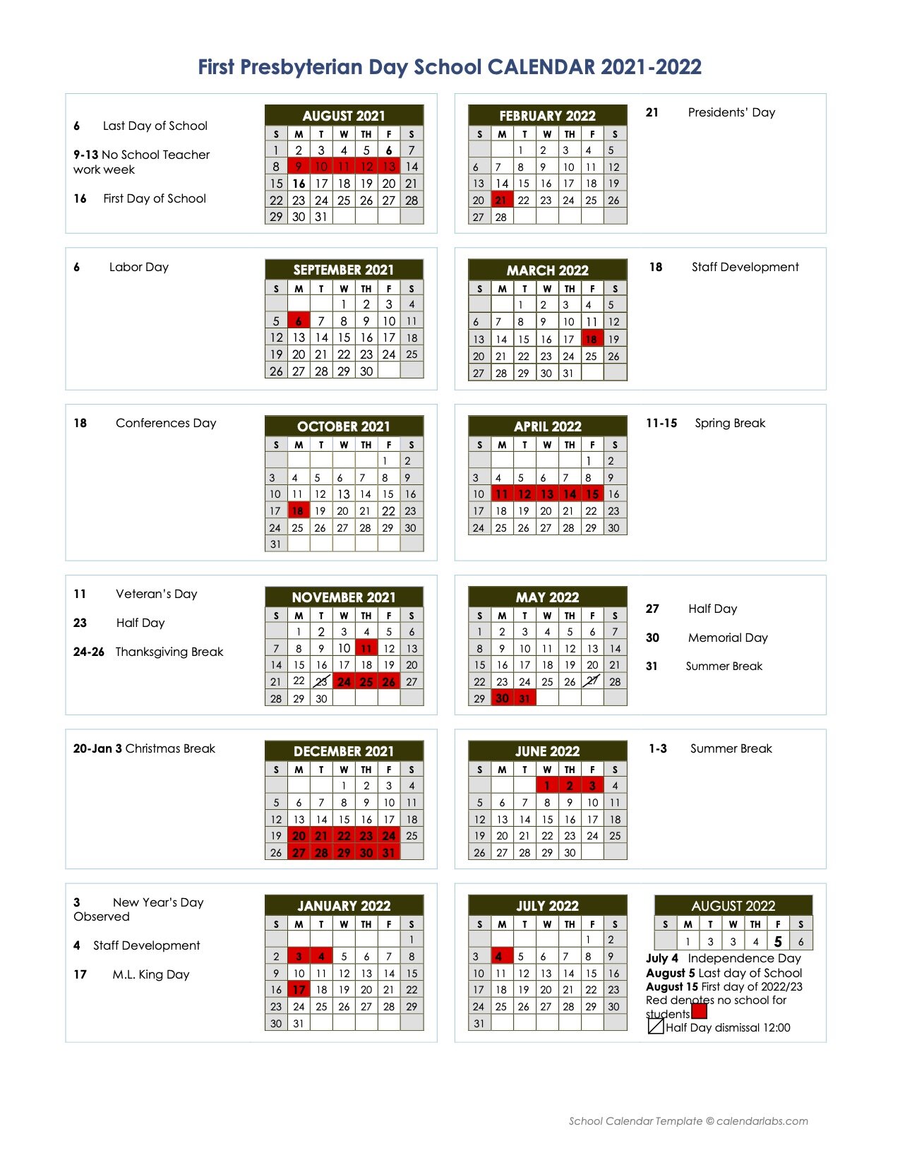Presbyterian Calendar 2022 2021-2022 Academic Calendar — First Presbyterian Day School