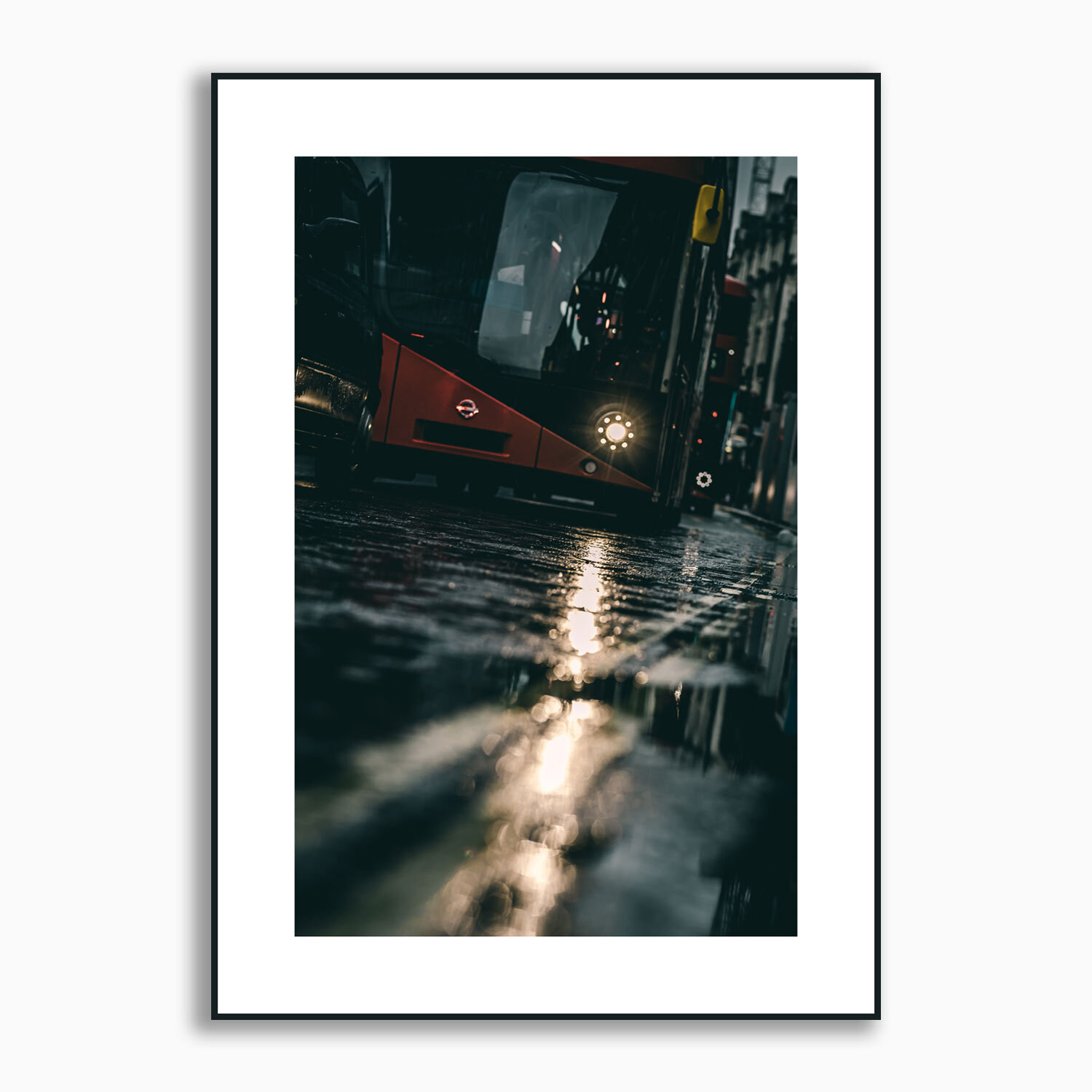 Framed London bus driving down street in rain print