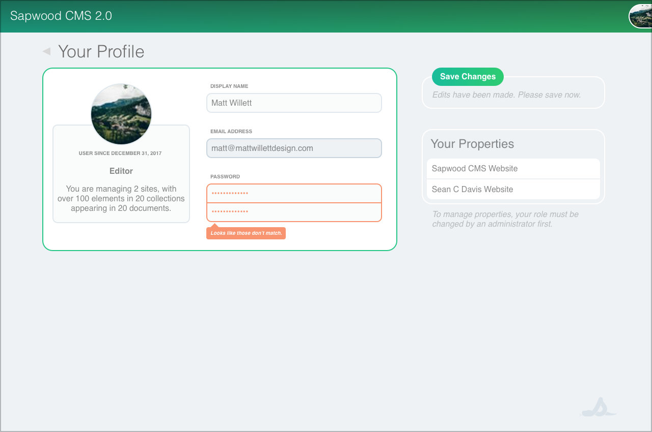 Sapwood features user roles and permissions, along with a summary of what each user is managing; along with a list of Properties (sites) that are managed on that account.