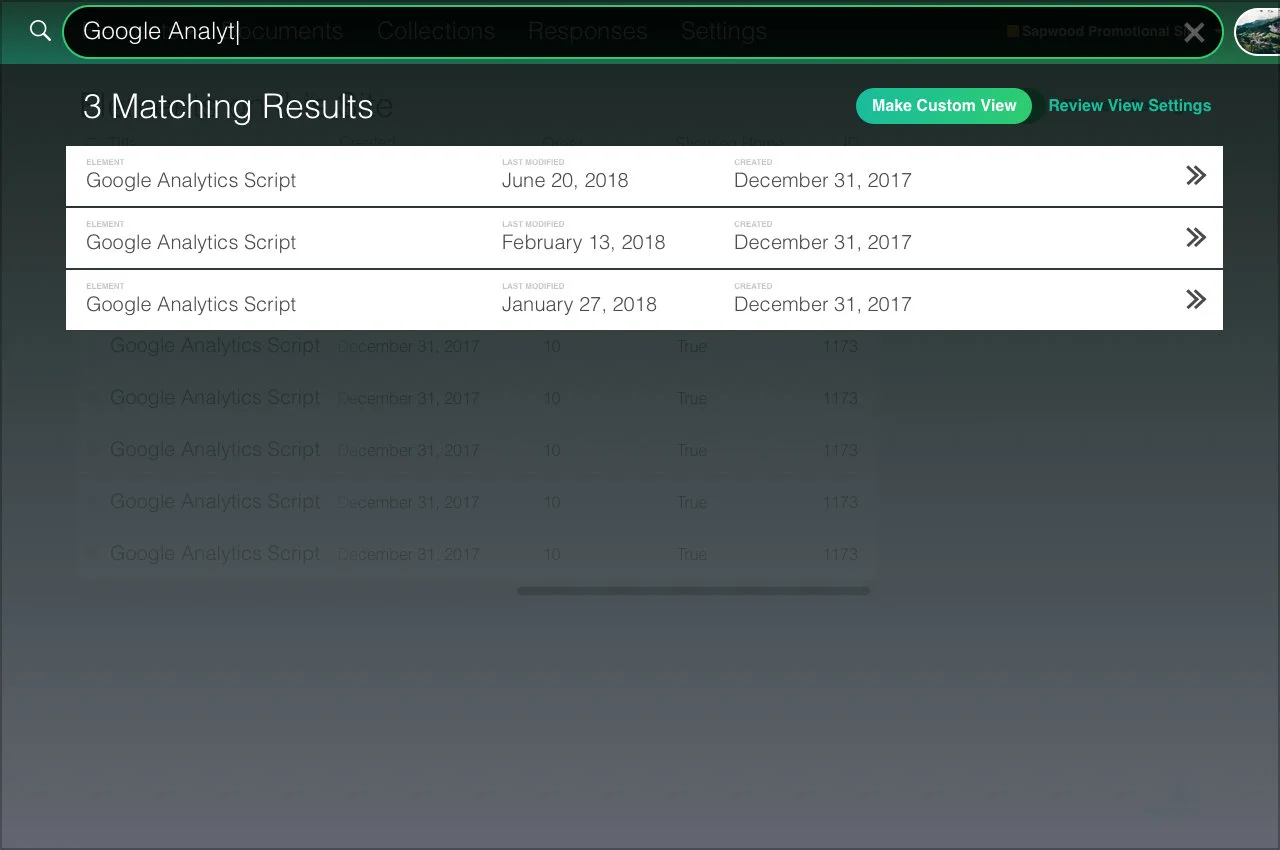The omnibar converts into a search field and displays results on a temporary scrim; allowing quick and easy access to other items.