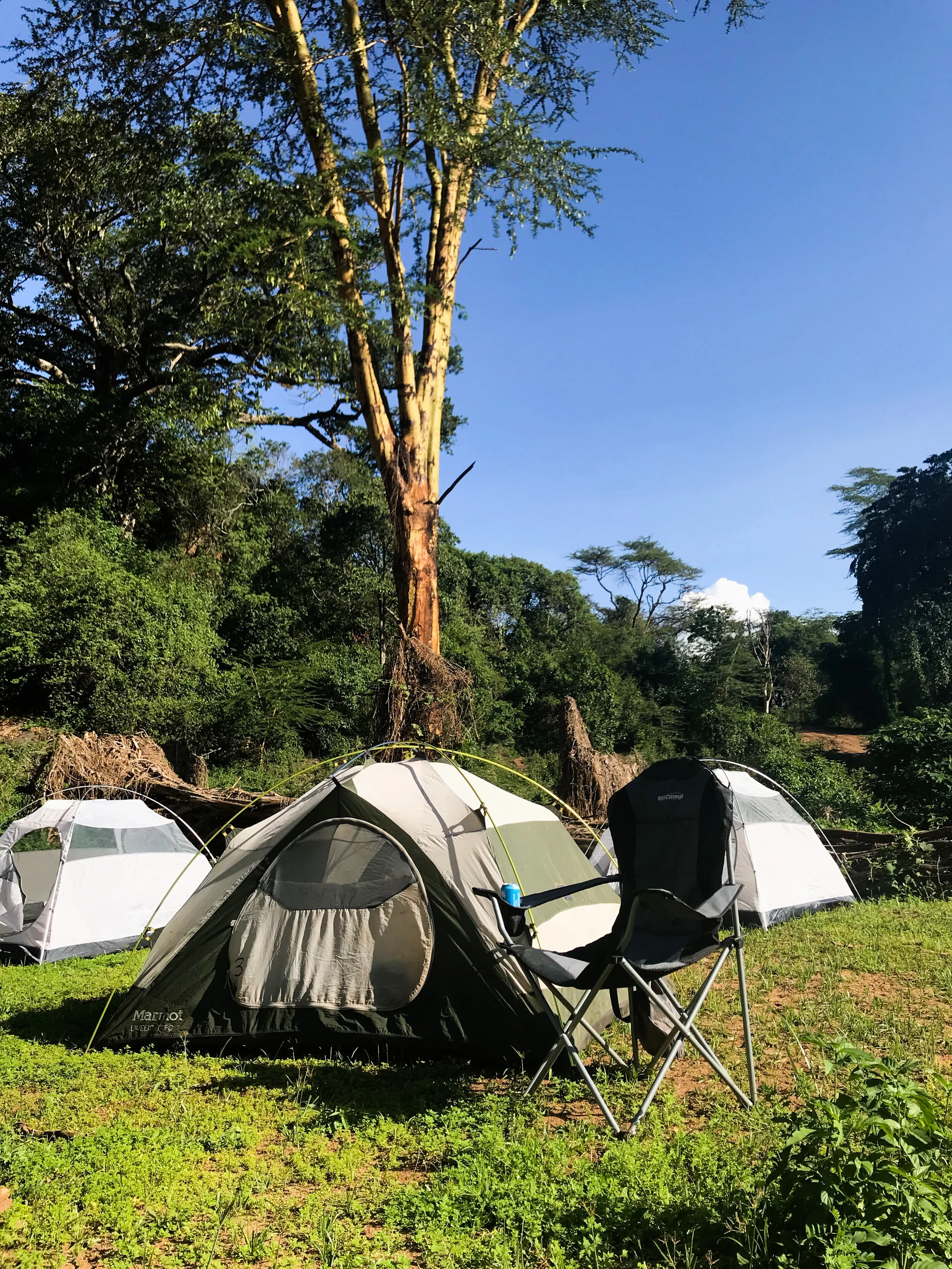  I think of this as Leopard Camp.  Although truthfully we’ve been told we are in Leopard Country at every stop and turn on this trip.  This is on the banks of a high mountain river.  The guides hack down the long grasses and thorns to make space for 
