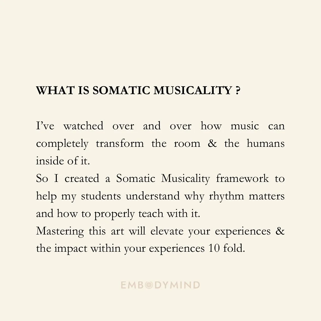 THE EMBODYMIND SOMATIC MUSICALITY FRAMEWORK⬇️
⠀⠀⠀⠀⠀⠀⠀⠀⠀⠀⠀⠀
In short: because we will go WAYYYYYYY deeper into this in the EMBODYMIND Facilitator Training , but I want to give yall a taste of what I&rsquo;ve been teaching &amp; how powerful it&rsquo;s