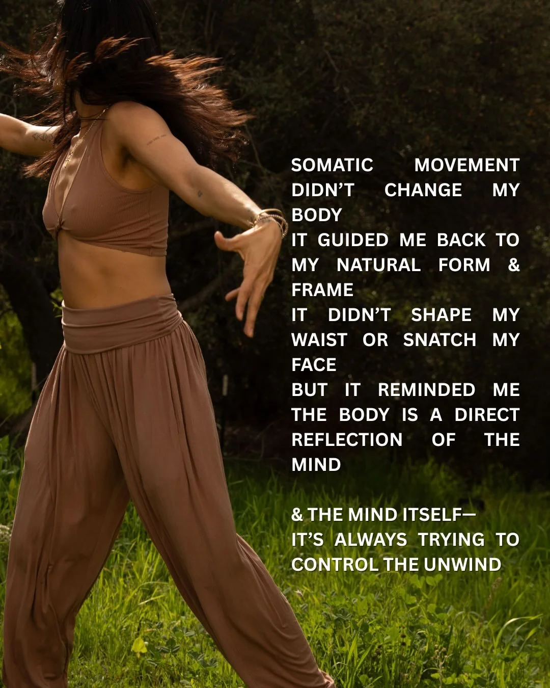 Somatic movement showed me all the places in my life where I had been leaning out.
Not fully inhabiting my potential.
Afraid to see my embodiment as one of my most powerful assets for growth and success.
I truly believed it couldn&rsquo;t be that sim