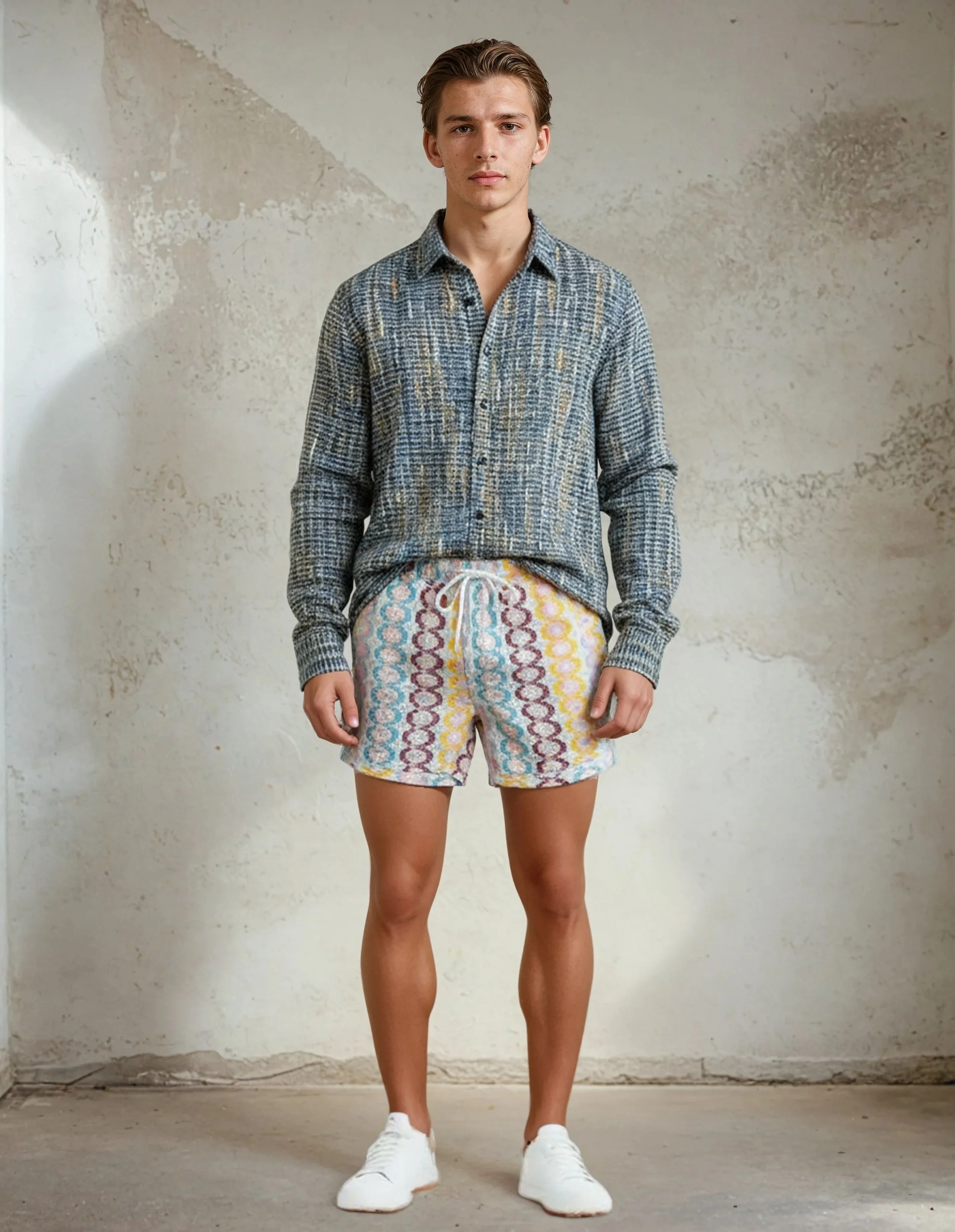 Sexagon_shorts-cocomarine_shirt-Liam-Stucco Wall.jpeg