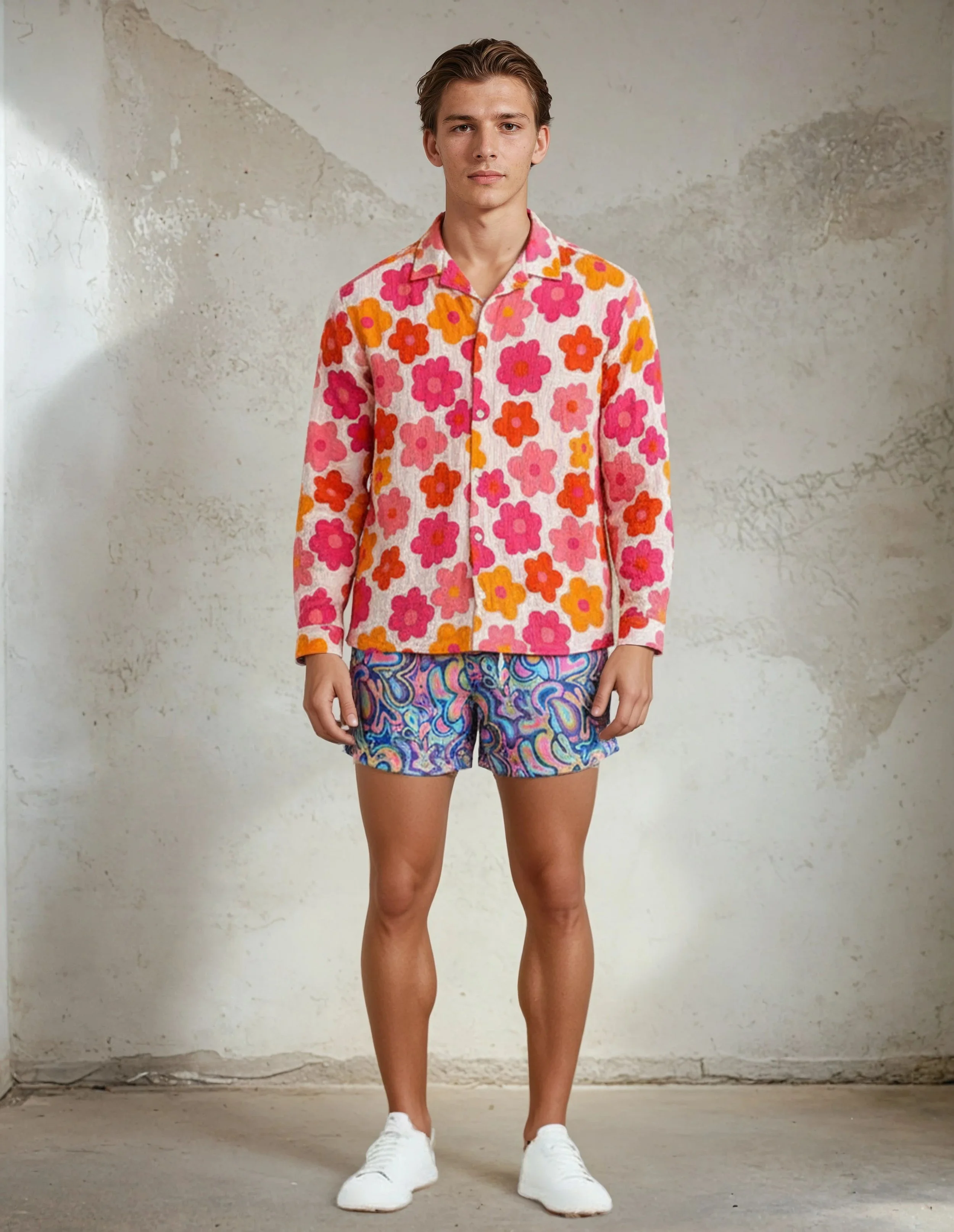paisleyrainbos_shorts-MurakamiPink_Shirt-Liam-Stucco Wall.jpeg
