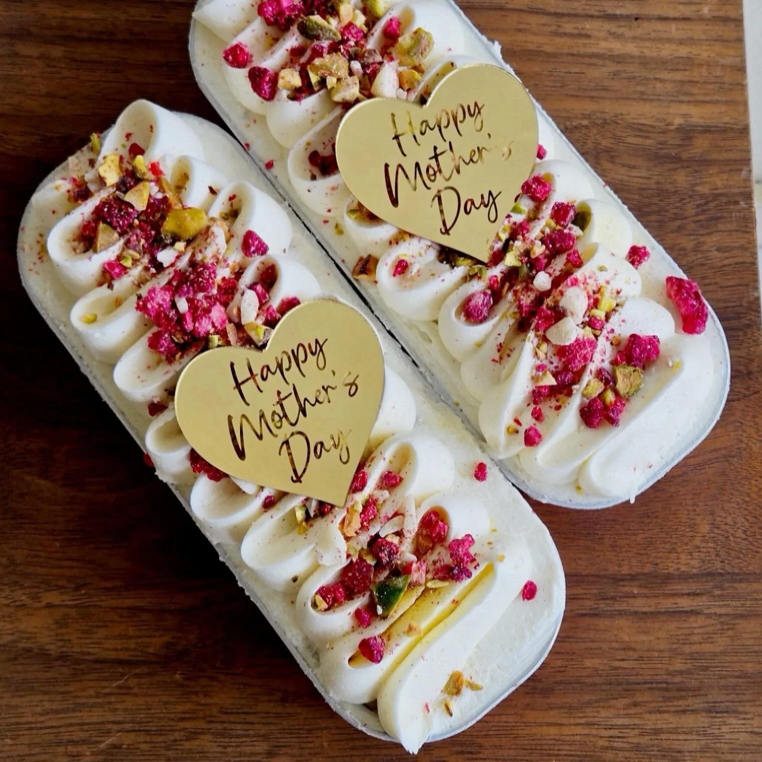 White chocolate pistachio individual cakes for a special someone who makes life full of love&mdash; available for Mother&rsquo;s Day at the cafe in limited supply. Soft buttery cake, velvety pistachio cream, and sweet white chocolate layered into an 