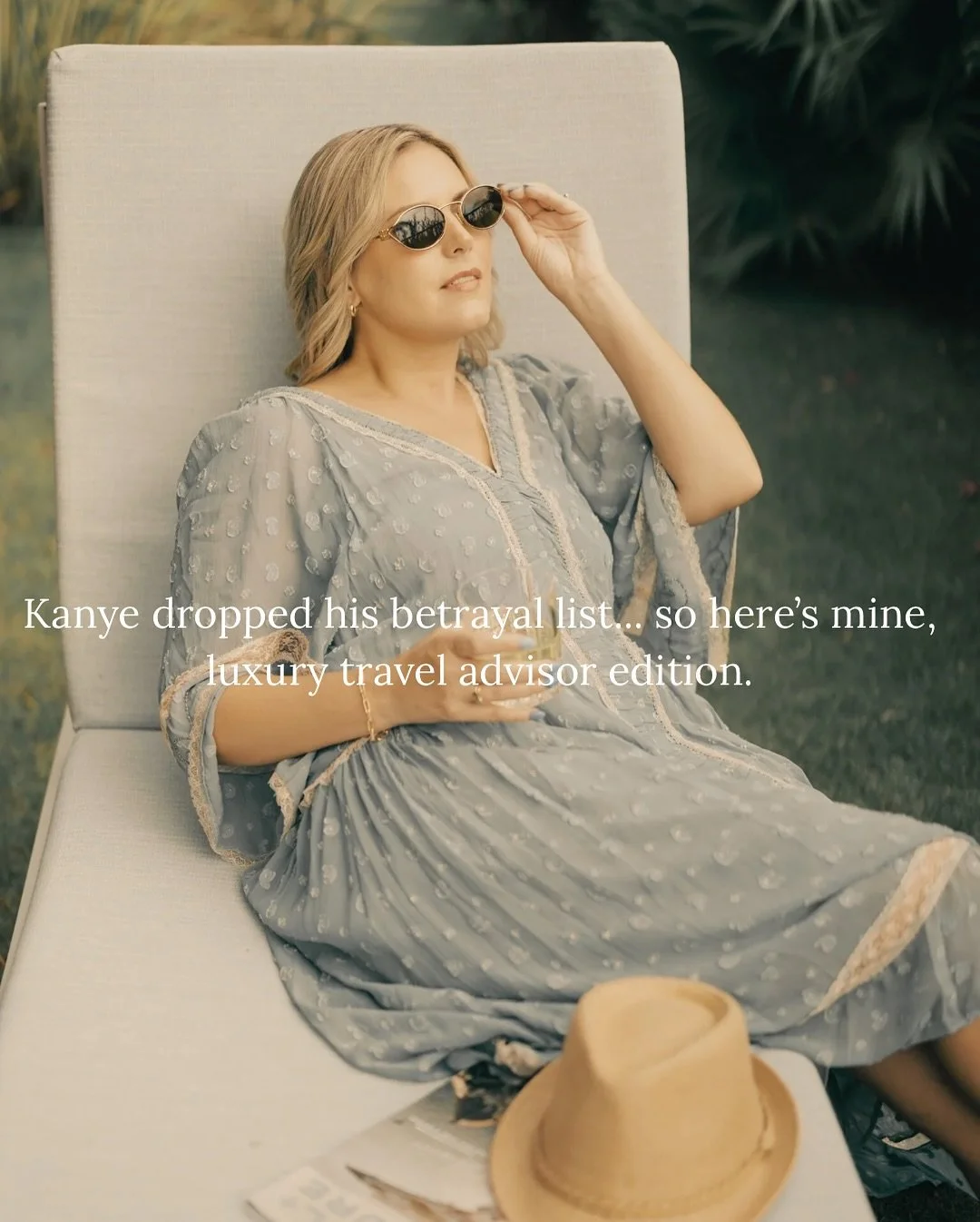 Inspired by Kanye&rsquo;s betrayal list, because even in luxury travel, heartbreak has a minibar. 💔🍸
.
.
.
#kanyeweststyle #kanyebetrayallist #betrayal #trending #luxurytravelling #thatblondetravels #taylorswiftfan #runawaytour