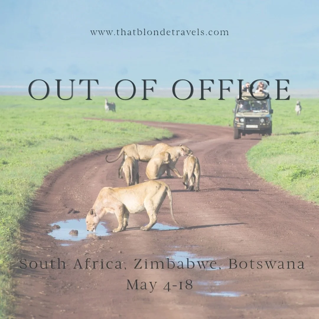 Out of office ✈️🌍

I&rsquo;m off on an adventure through South Africa, Zimbabwe, and Botswana and will be back in the office on May 18th.

WiFi will be limited while I&rsquo;m away, so responses may be slower than usual. If you&rsquo;re currently tr
