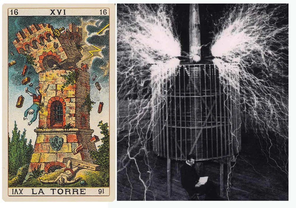 The Tower from the Keats Tarot, Tesla relaxed and reading beneath his coil.