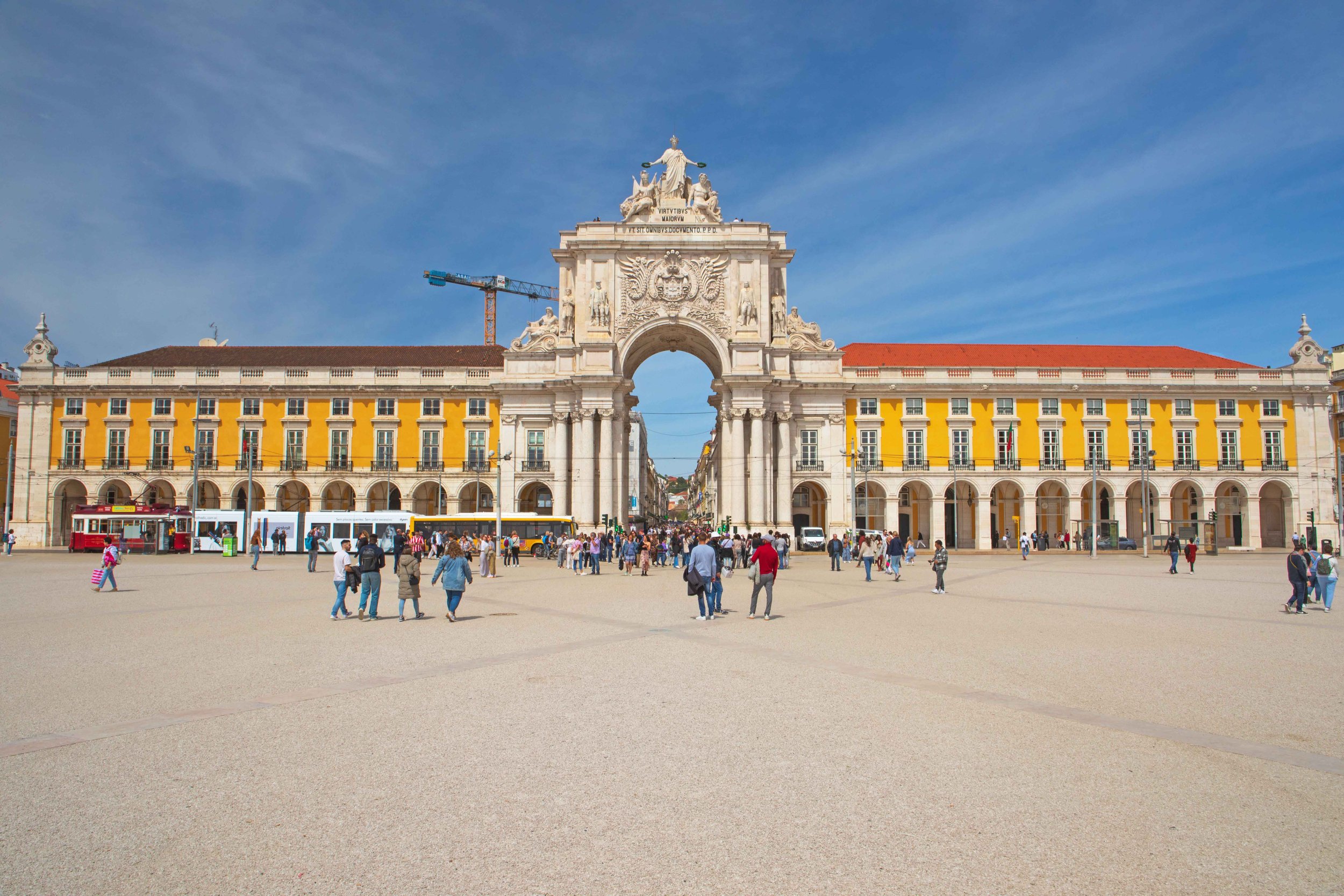 Praça do Comércio (Commercial Square), Lisbon’s large riverfront plaza in the heart of the city .