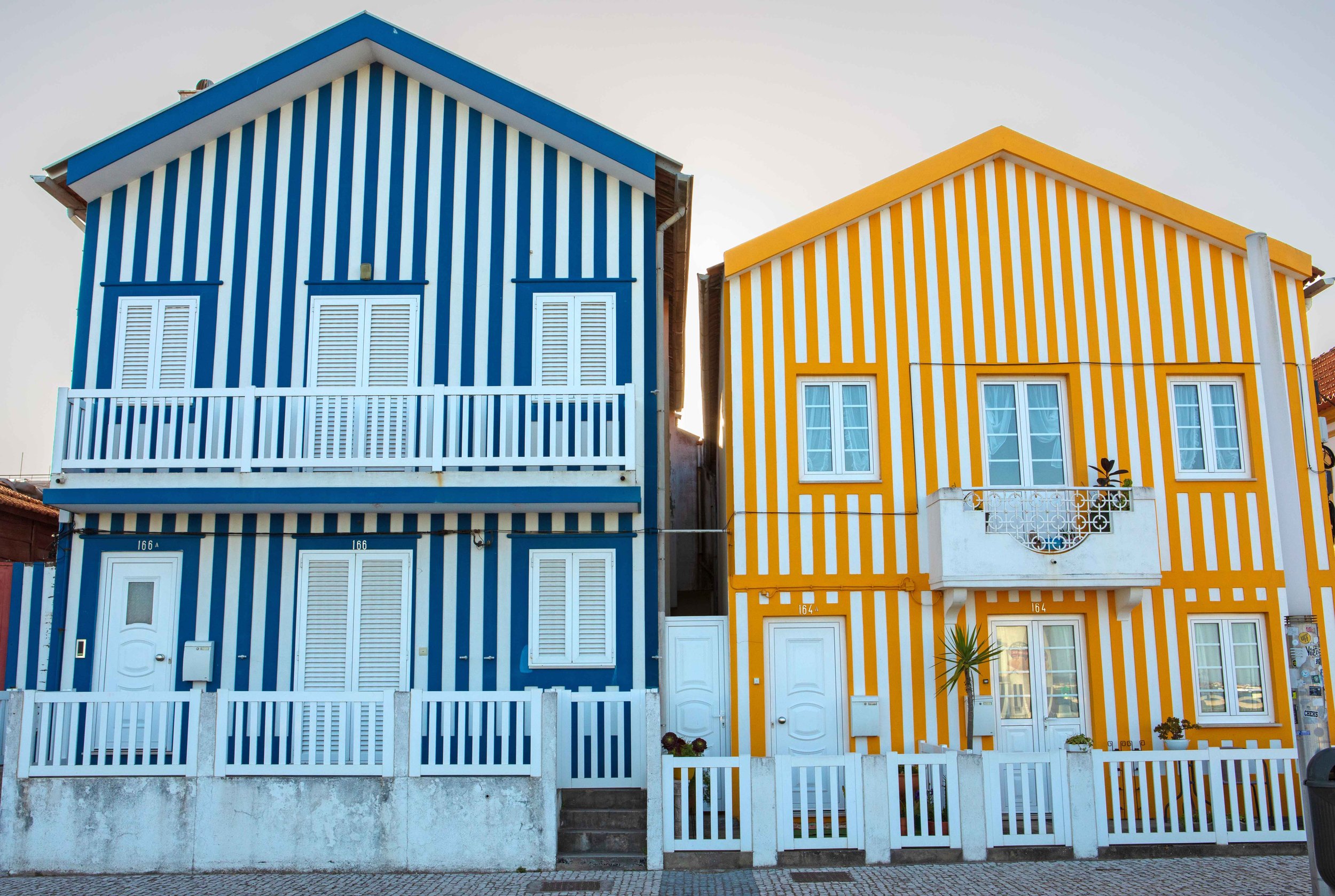 Striped, colorful houses in Costa Nova, on the Atlantic coast and across the Ria de Aveiro lagoon from Aveiro.