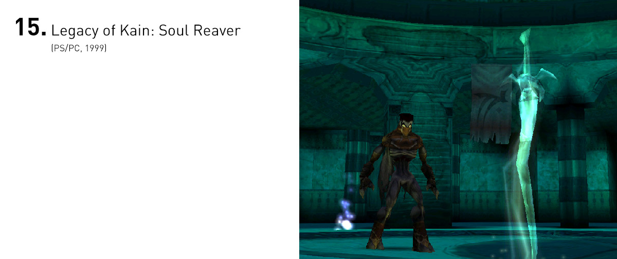  Com uma trama tão interessante quanto suas mecânicas, que abusavam do que havia melhor em Zelda e Tomb Raider, em dois mundos paralelos e interconectados, Soul Reaver foi, disparadamente, o melhor e mais original jogo da série. 