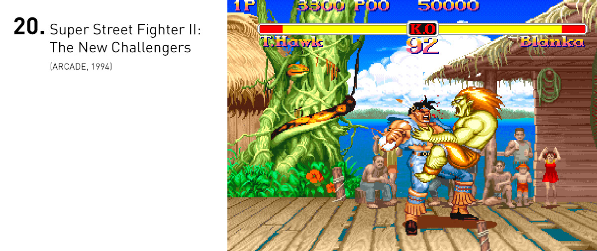  Super Street Fighter II foi a versão definitiva do jogo que estabeleceu o gênero de luta. Além da introdução de personagens inéditos, as mecânicas foram minuciosamente refinadas e novas animações tornavam o jogo ainda mais bonito. 
