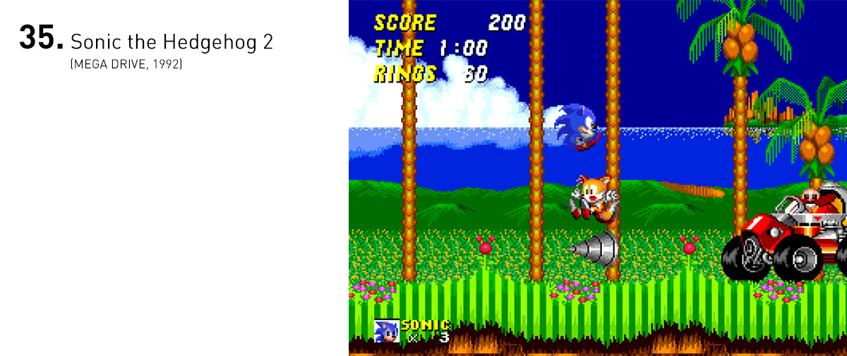  Sonic 2 adicionou uma companhia constante (e imortal) ao ouriço, permitindo que um segundo jogador entrasse e saísse da partida a qualquer momento. Também trouxe fases maiores e mais inventivas e o 'spin dash', que virou característica marcante do o