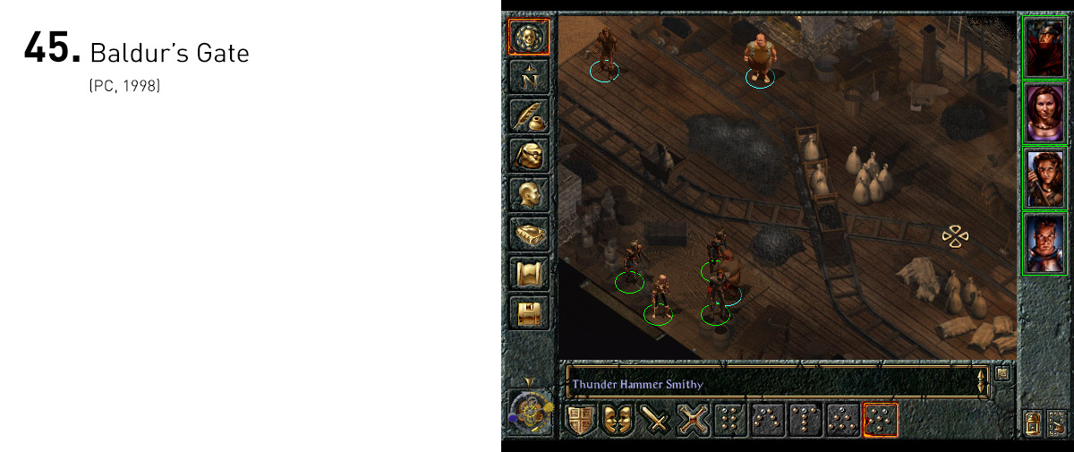  Usando o sistema de RPG Advanced Dungeons &amp; Dragons, Baldur's Gate deu origem a uma complexa e envolvente aventura cujas decisões e estratégias do jogador afetavam profundamente o mundo ao seu redor. 