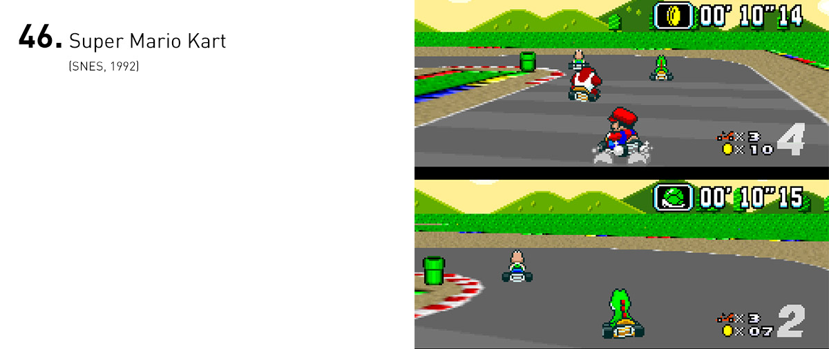  Ao reunir a trupe de Super Mario em corridas com trapaças e atalhos, aumentando a competição com um modo para dois jogadores, a Nintendo inadvertidamente criou um dos subgêneros mais populares dos anos 90. 