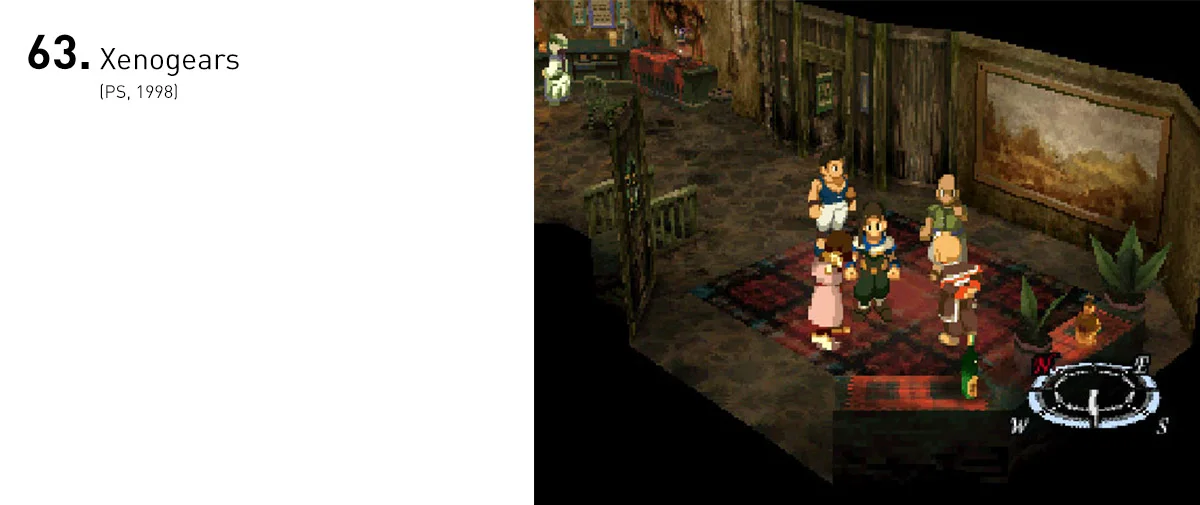 Abordando temas filosóficos, religiosos e psicológicos, Xenogears trazia uma trama profunda e provocadora. Conseguia ser igualmente envolvente em seus combates e trechos de exploração.