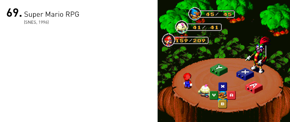  Resultado da inusitada parceria entre a Nintendo e a Square, Super Mario RPG deu um novo vigor ao gênero com batalhas repletas de minigames divertidos, cenários cheios de segredos e quebra-cabeças e um senso de humor peculiar. 