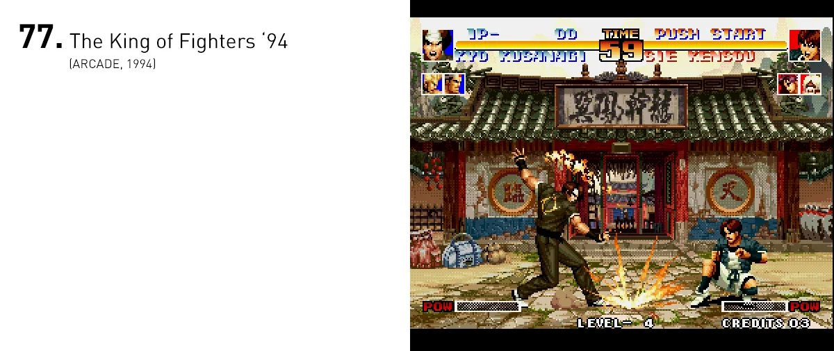 Trazendo um grau de detalhamento absurdo para a época em seus cenários e animações, The King of Fighters '94 surpreendeu com sua enorme diversidade de lutadores, dos mais diversos estilos.