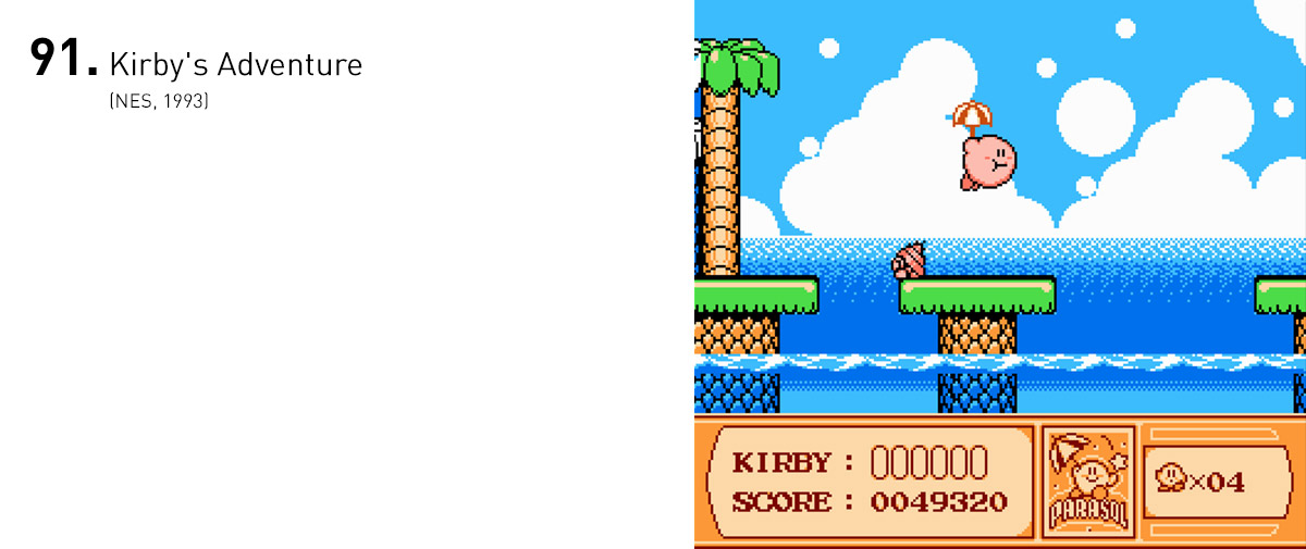  Depois de sua estreia no Game Boy, Kirby ganhou mecânicas ainda mais inventivas em uma aventura adorável para o NES. 