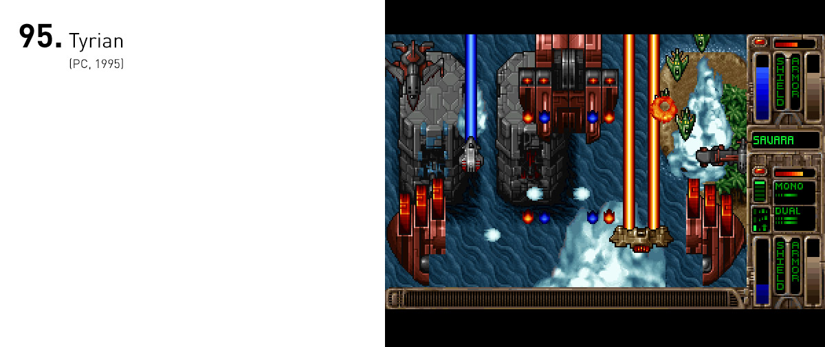  Rivalizando os shooters orientais, Tyrian adicionou profundidade a um gênero visto como simplório, permitindo o jogador a desenvolver sua nave e escolher a rota de sua jornada. 