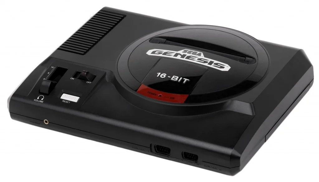 A versão norte-americana do Mega Drive era ligeiramente diferente da brasileira ou europeia, com um logo enorme no centro e “16-bit” menor