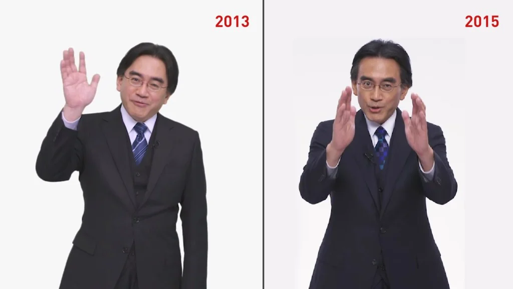 Satoru Iwata em vídeos do Nintendo Direct; em aparição mais recente, ele estava visivelmente mais abatido.