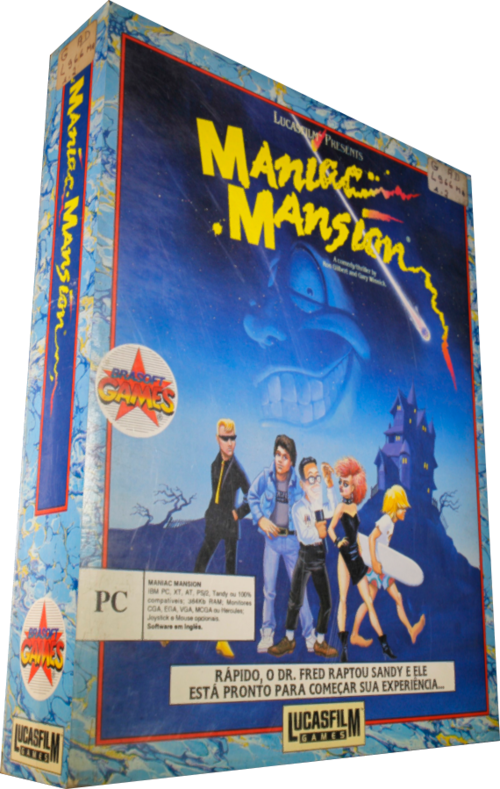 Embalagem da versão brasileira de Maniac Mansion, distribuída pela Brasoft com caixa e manual em português. Crédito: Museu do Computador