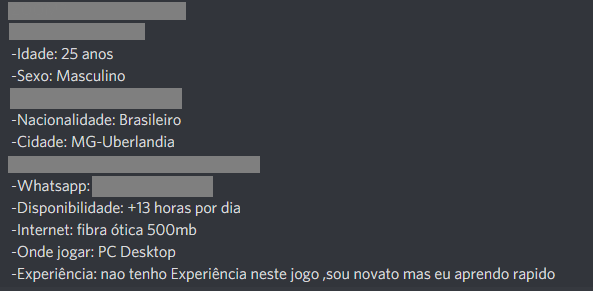  “Currículo” de jogador em busca de vaga em scholarship, publicado no Discord. 