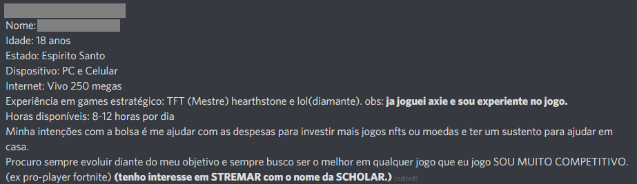  “Currículo” de jogador em busca de vaga em scholarship, publicado no Discord. 