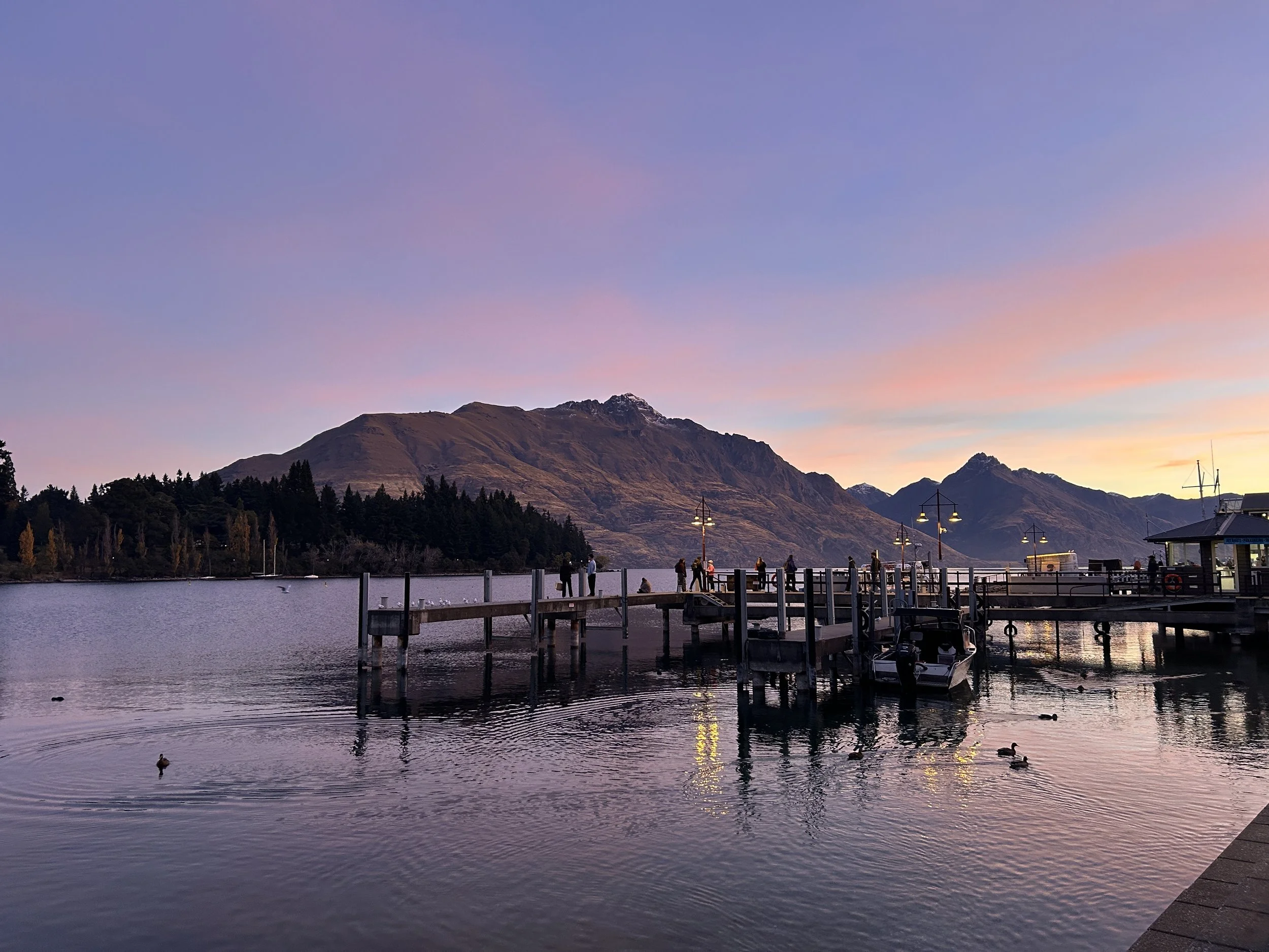 Purple and pink sunset at Steamer Wharf in Queenstown