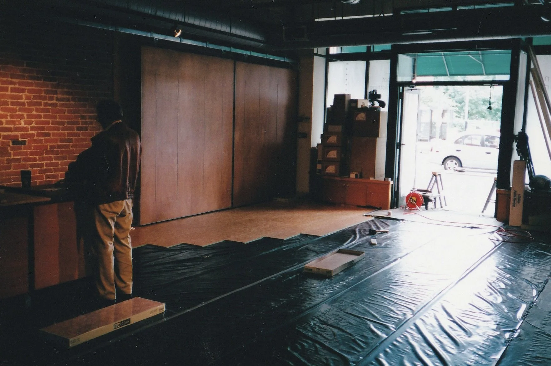 Father in law helping with the cork floor