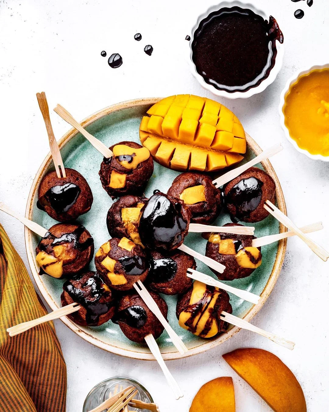 Chocolate Æbelskiver with Mango (and two dipping sauces)