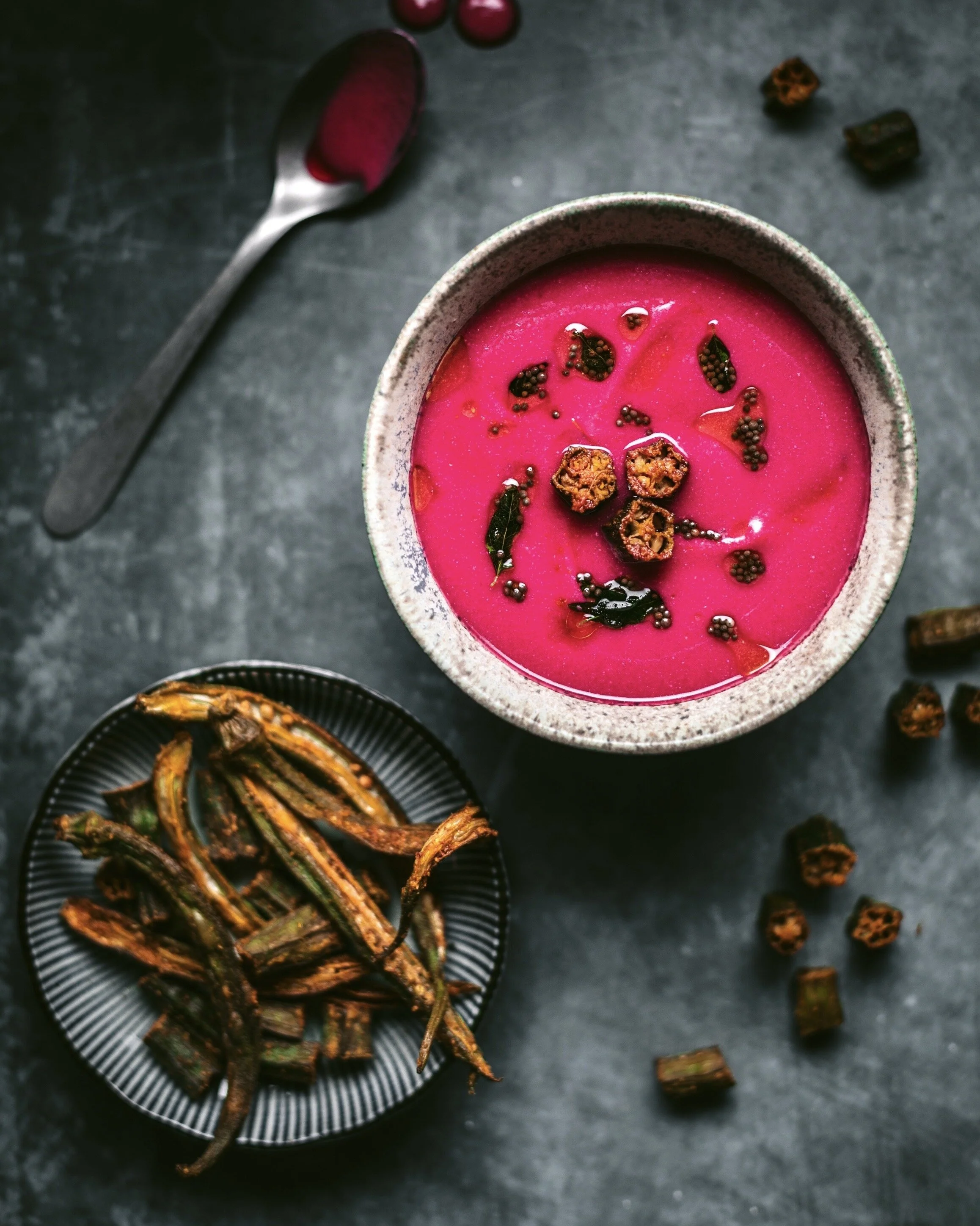 Beetroot Kadhi with Crispy Okra