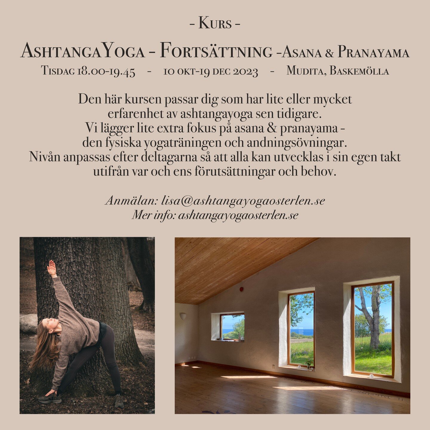 I oktober startar tv&aring; kurser i Ashtanga Yoga p&aring; olika niv&aring;er.

Ashtanga Grund
M&aring;ndagar 18:45-20
YogaGaraget, Skillinge

Ashtanga Forts&auml;ttning
Tisdagar 18-19:45
Mudita Yogashala, Baskem&ouml;lla

Anm&auml;lan:
lisa@ashtang