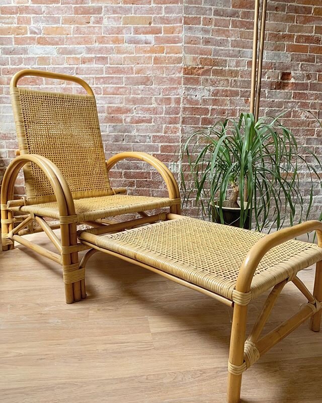 Indoors or out? Either way, this vintage rattan lounge is a nod to warmer weather. The footrest tucks under the seat and the back adjusts to three levels ranging from upright etiquette to quarantined sprawl. Flawless condition, even better lines.
26&