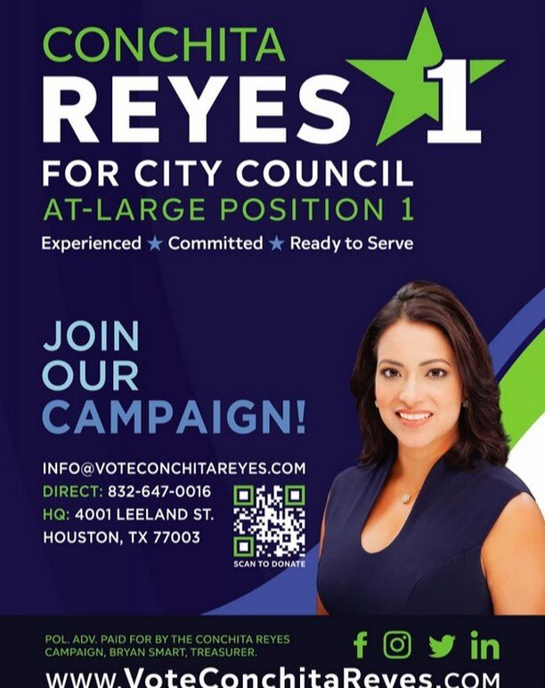 Special thanks to Conchita Reyes for Houston City Council At-Large Position 1 for sponsoring this Saturday's meeting. Please visit her website here: https://www.voteconchitareyes.com/