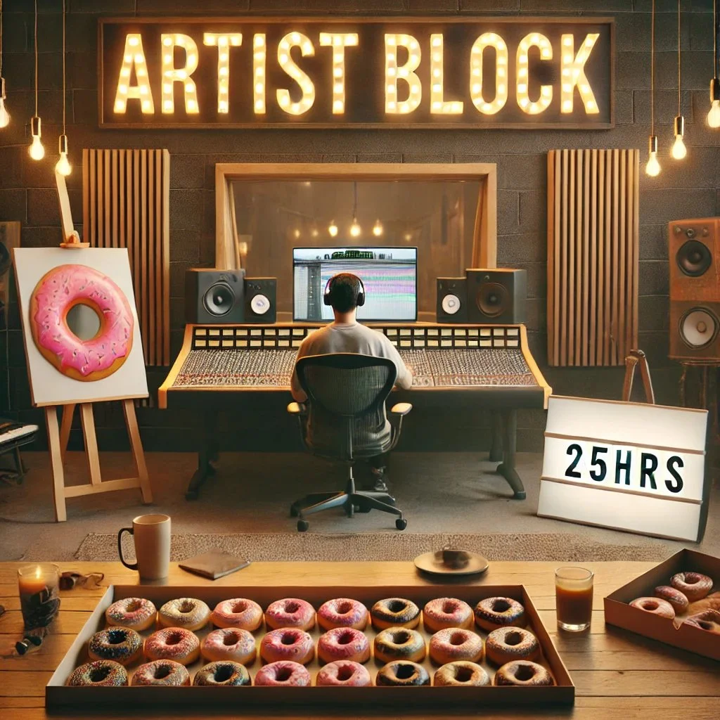 DALL·E 2024-10-28 15.06.44 - A cozy, modern recording studio with creative lighting, featuring a large title in bold that reads _Artist Block_ and _25hrs_ prominently displayed. T.jpg