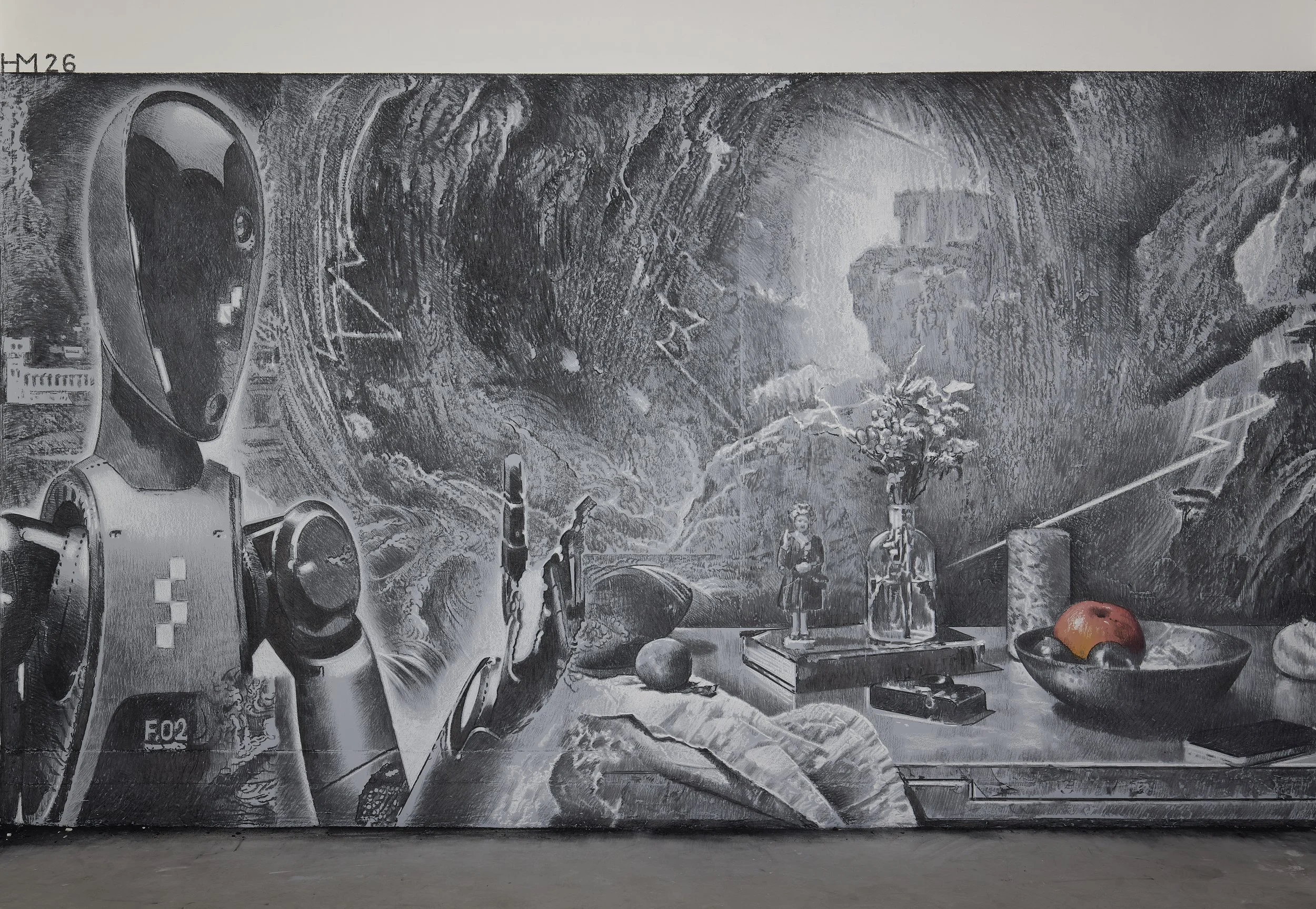  Applecore, 2026  Charcoal and white chalk on wall, 17 × 2.45m (Detail) 