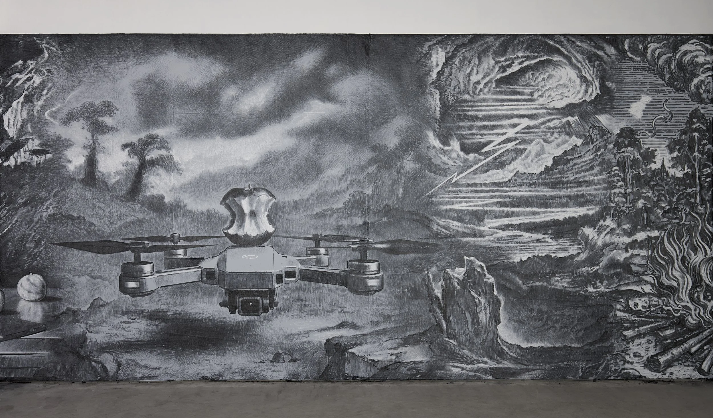  Applecore, 2026  Charcoal and white chalk on wall, 17 × 2.45m (Detail) 
