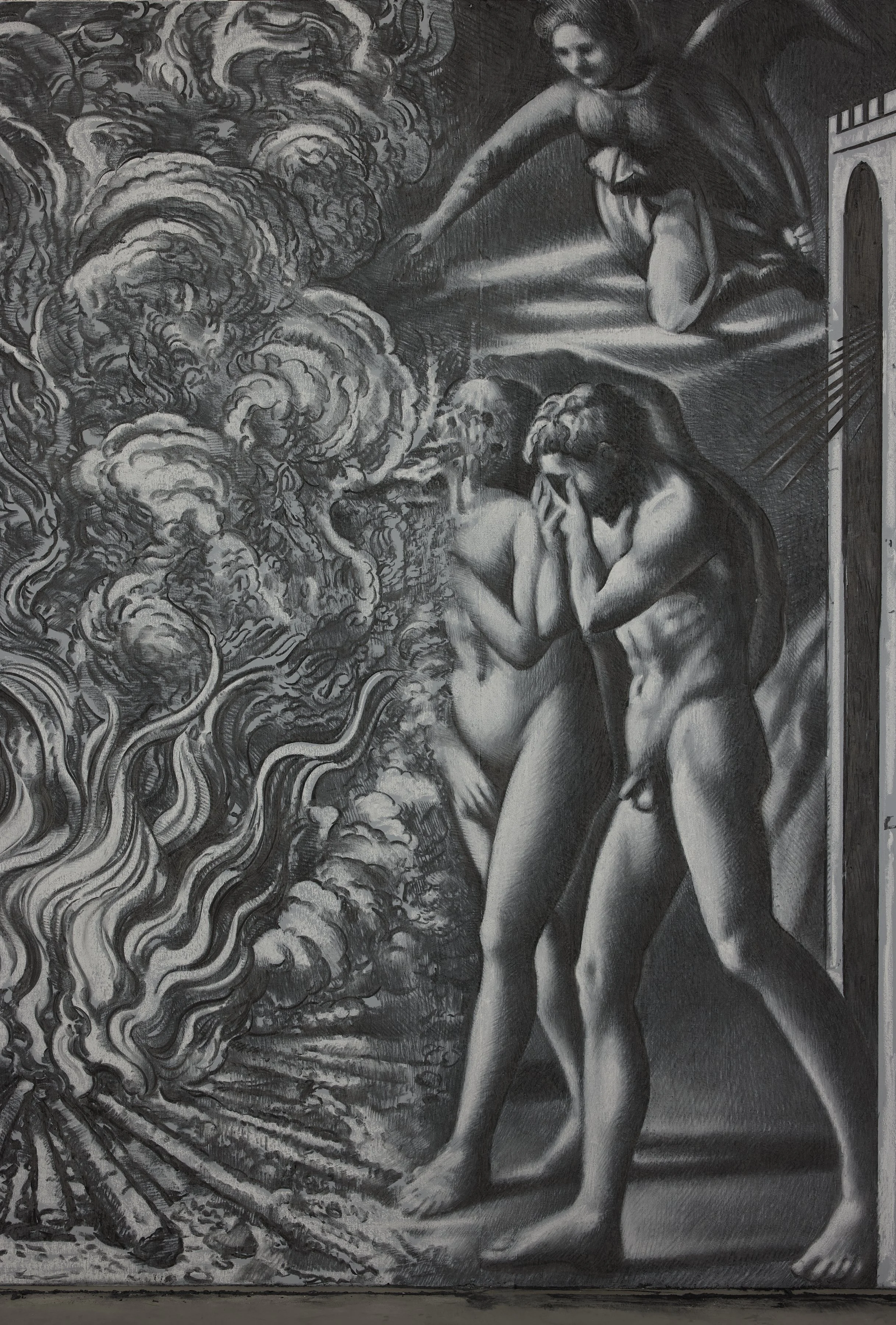  Applecore, 2026  Charcoal and white chalk on wall, 17 × 2.45m (Detail) 