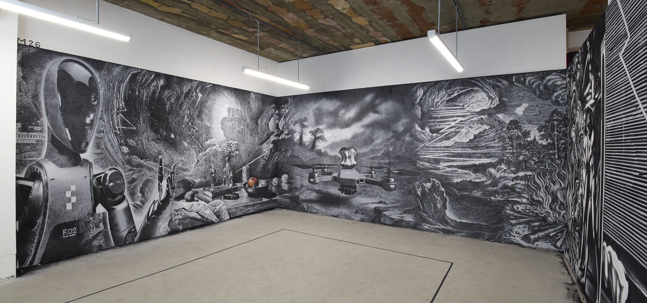  Applecore, 2026  Charcoal and white chalk on wall, 17 × 2.45m 
