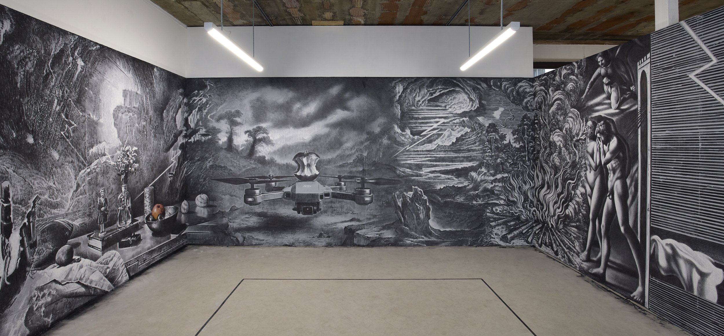  Applecore, 2026  Charcoal and white chalk on wall, 17 × 2.45m 